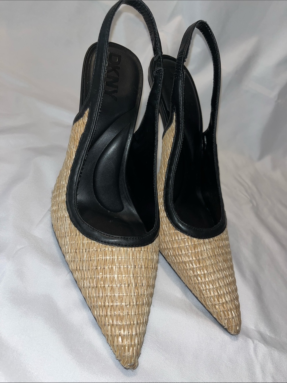 DKNY Natural Woven Pointed Slingback Pumps with Black Trim
